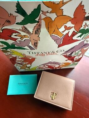 Tiffany & Co. Beige Taupe Leather Compact Wallet with Gold Logo